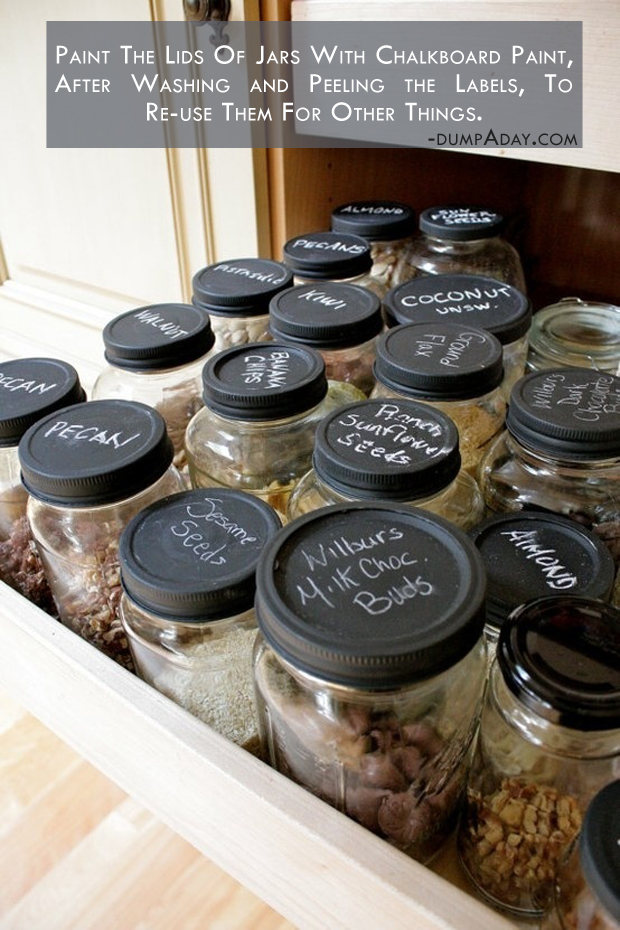 I'm always throwing jars away rather than washing and peeling the labels simply because the lids have labels that won't come off  Why didn't I think of painting them, especially with chalkboard paint