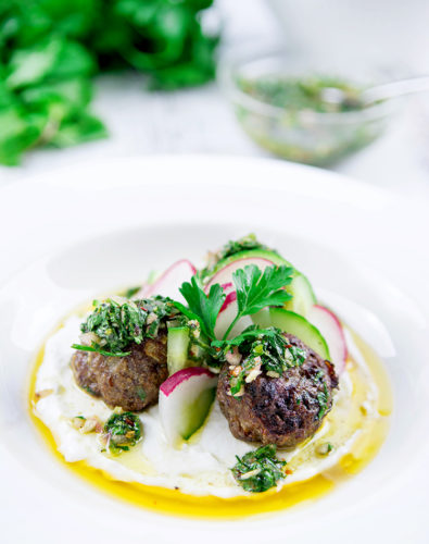 Greek Style Lamb Meatballs with Garlic Yogurt & Mint Chimichurri Sauce