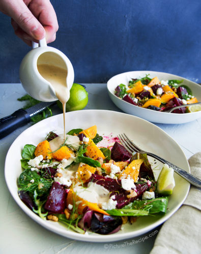 Beet Salad with Goat Cheese, Walnuts and Citrus Tahini Dressing